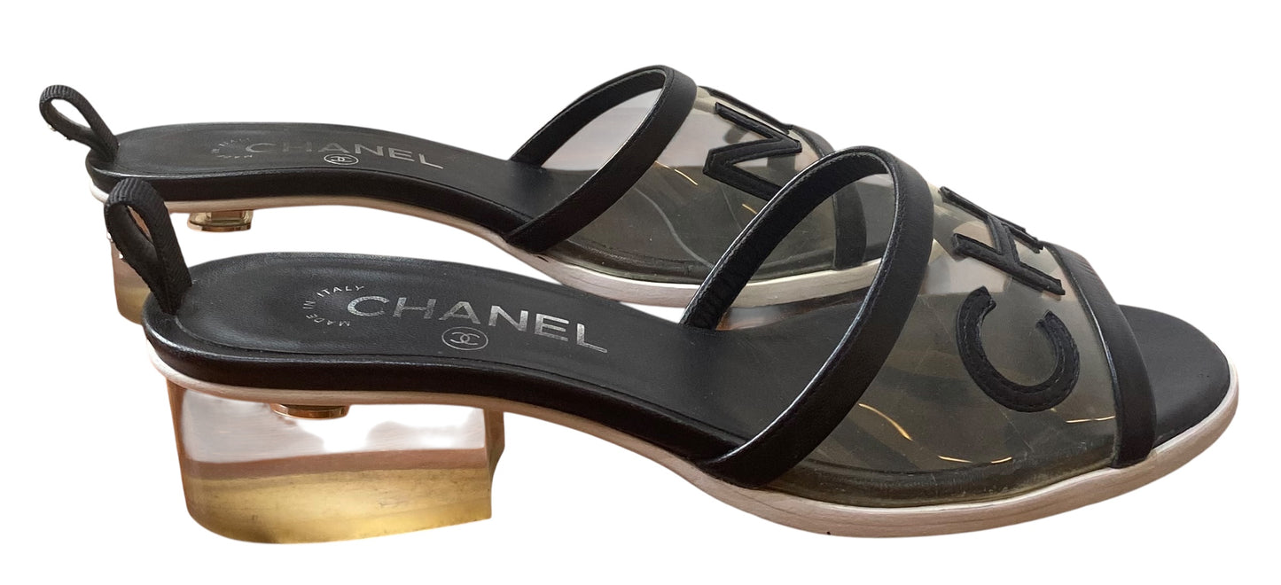 Chanel 19S Runway PVC Black Leather Letters Resin Block Heel Mule Slides EU 37.5C