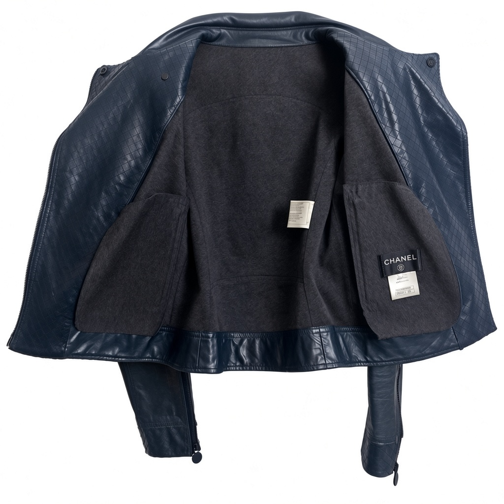 Chanel 12P Dark Blue Petrol Quilted Leather Biker Jacket FR 36