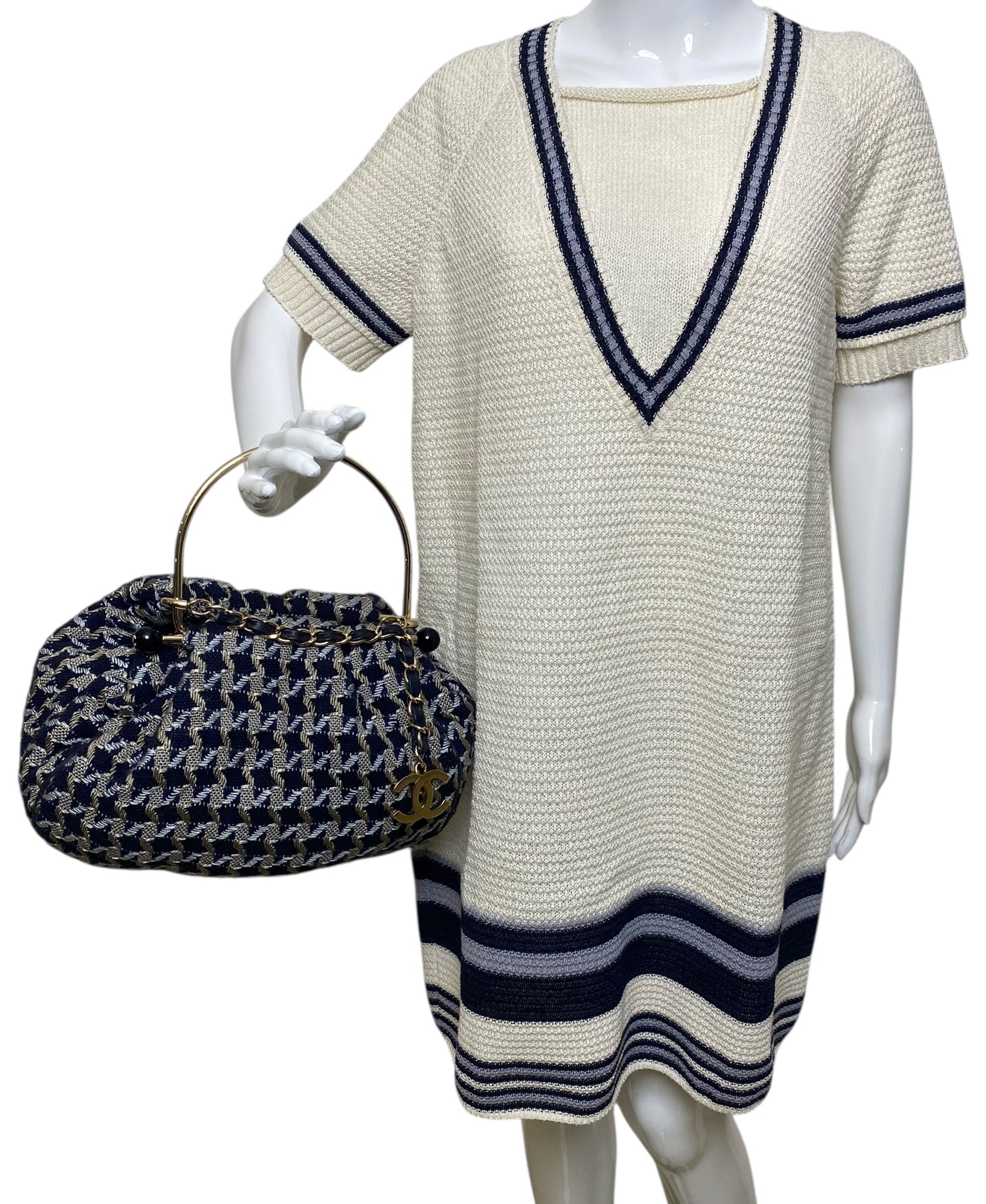 Rare Chanel 05P Runway Navy Blue Beige Tweed Top Handle Basket Bag