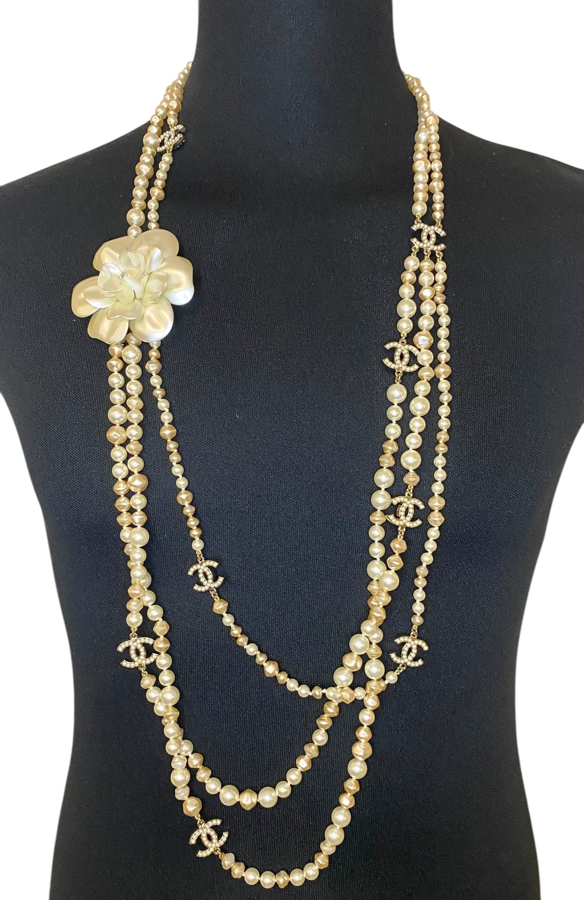 Rare Chanel 09A Extra Long 3 Strand 10 CCs Metal Camellia Long Statement Necklace GHW