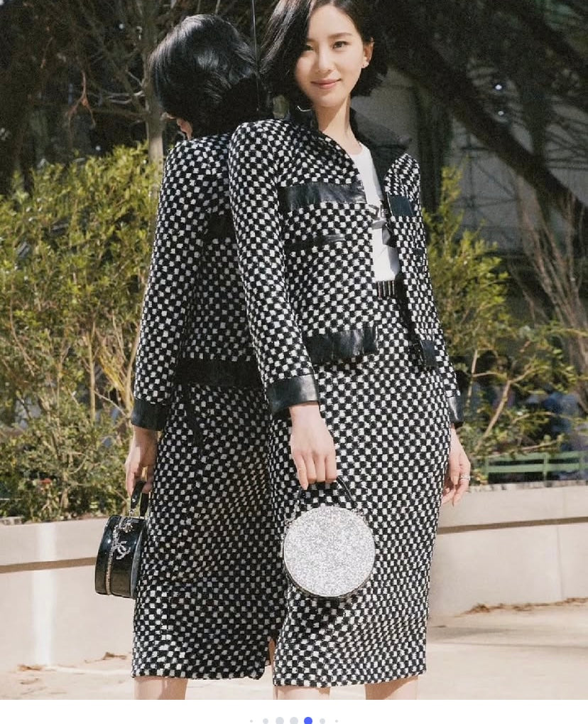 Chanel 17B Metropolitan Checker Sequin Leather Trim Zip Up Jacket FR 42