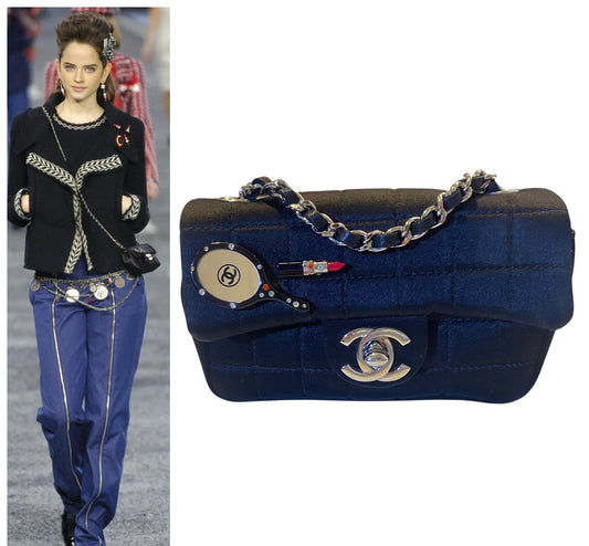 Chanel 04A Black Satin Mini Micro Square Quilted Lipstick Mirror Charm Flap Bag