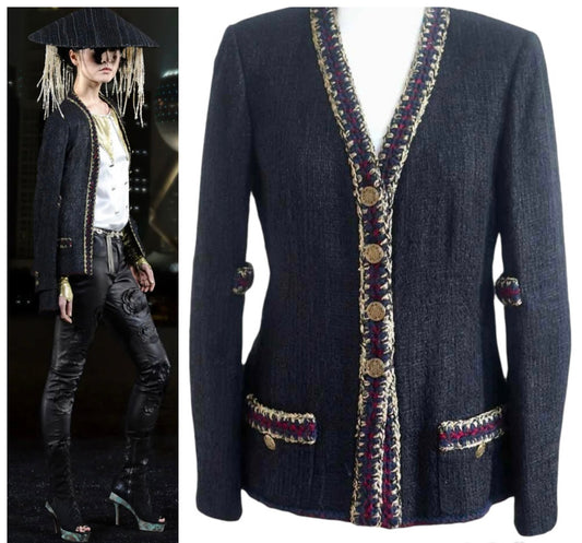 CHANEL 10A PARIS-SHANGHAI BLACK TWEED BRAIDED TRIM JACKET FR 34