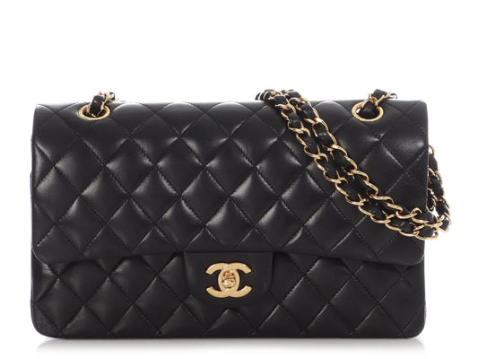 Chanel Classic Timeless Double Flap Medium Lambskin Black Shiny Gold Hardware