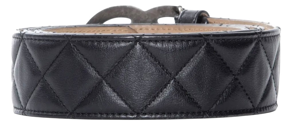 Chanel 10A Black Quilted Lambskin Ruthenium Silver CC Logo Belt 90/36