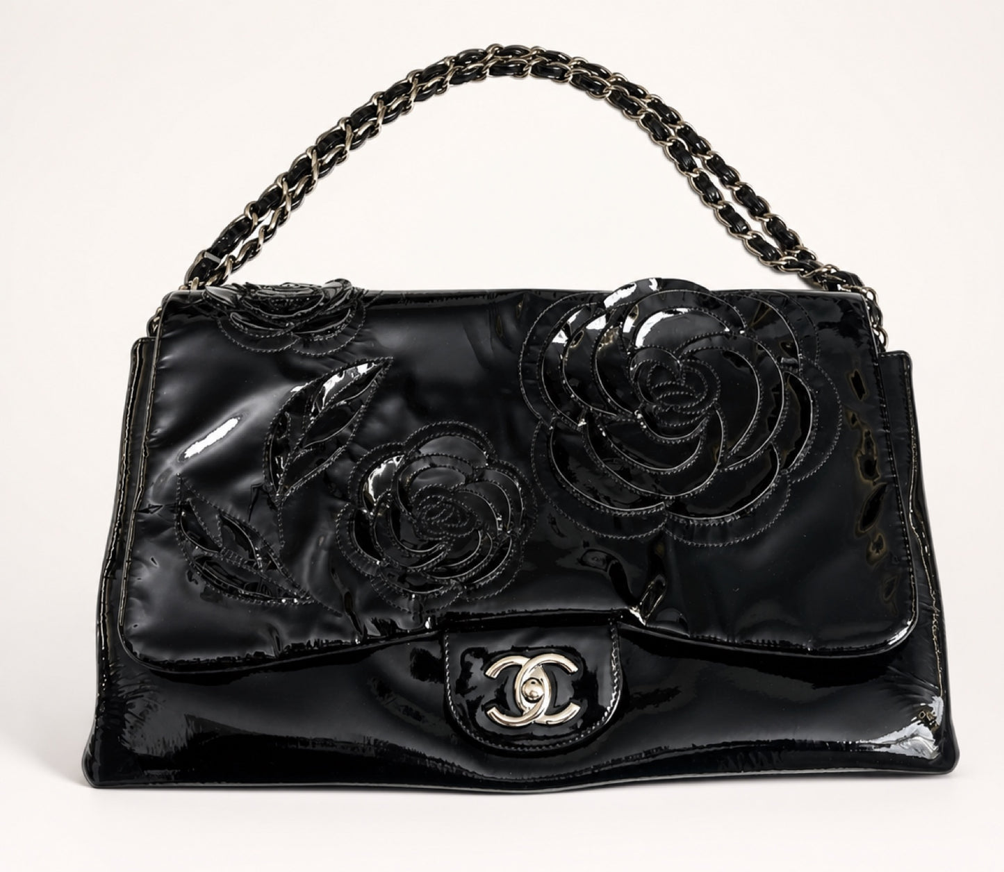 Chanel 10A Paris-Shanghai Jumbo Black Patent Leather Camellia Petals Accordion Flap Bag SHW