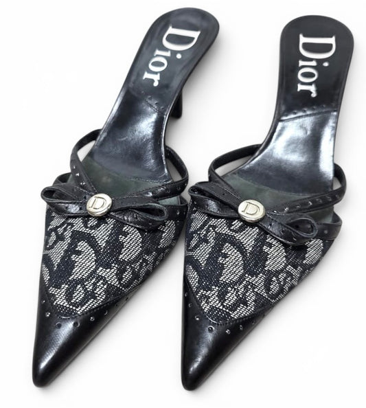 VINTAGE Y2K DIOR TROTTER MONOGRAM BOW POINTED MULE KITTEN HEELS IT 37.5 US 7.5