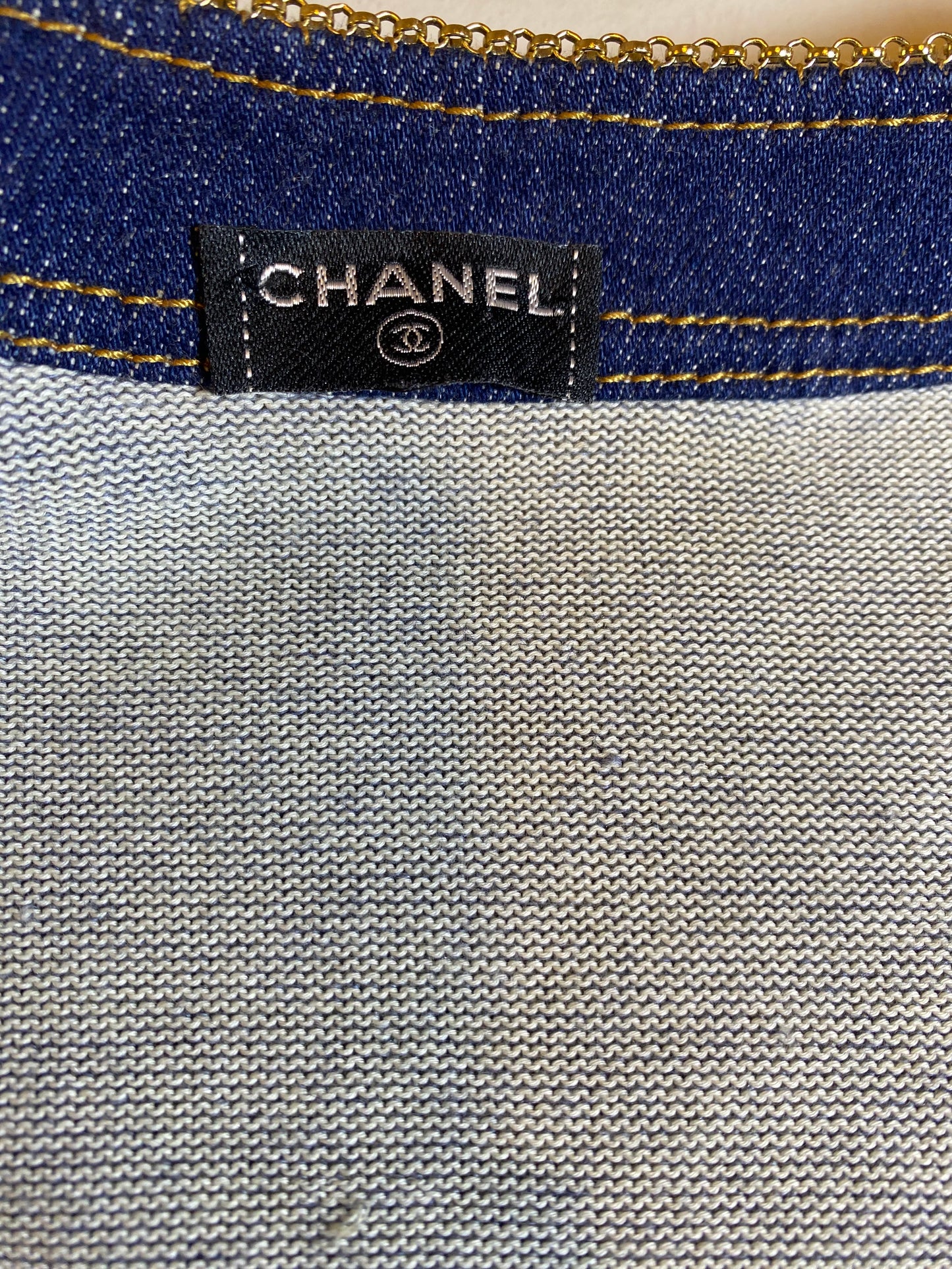 Chanel 07P Spring Blue Denim Trim Chain Link Cardigan Jacket Size FR 40/42