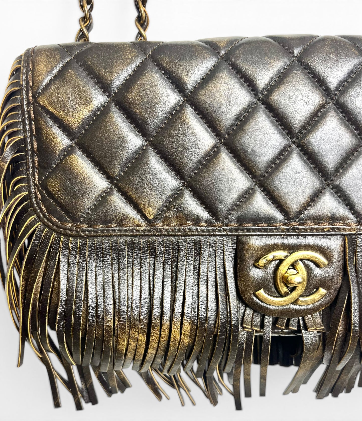Rare Chanel 14A Paris Dallas Medium Brown Metallic Leather Fringe Classic Flap Bag
