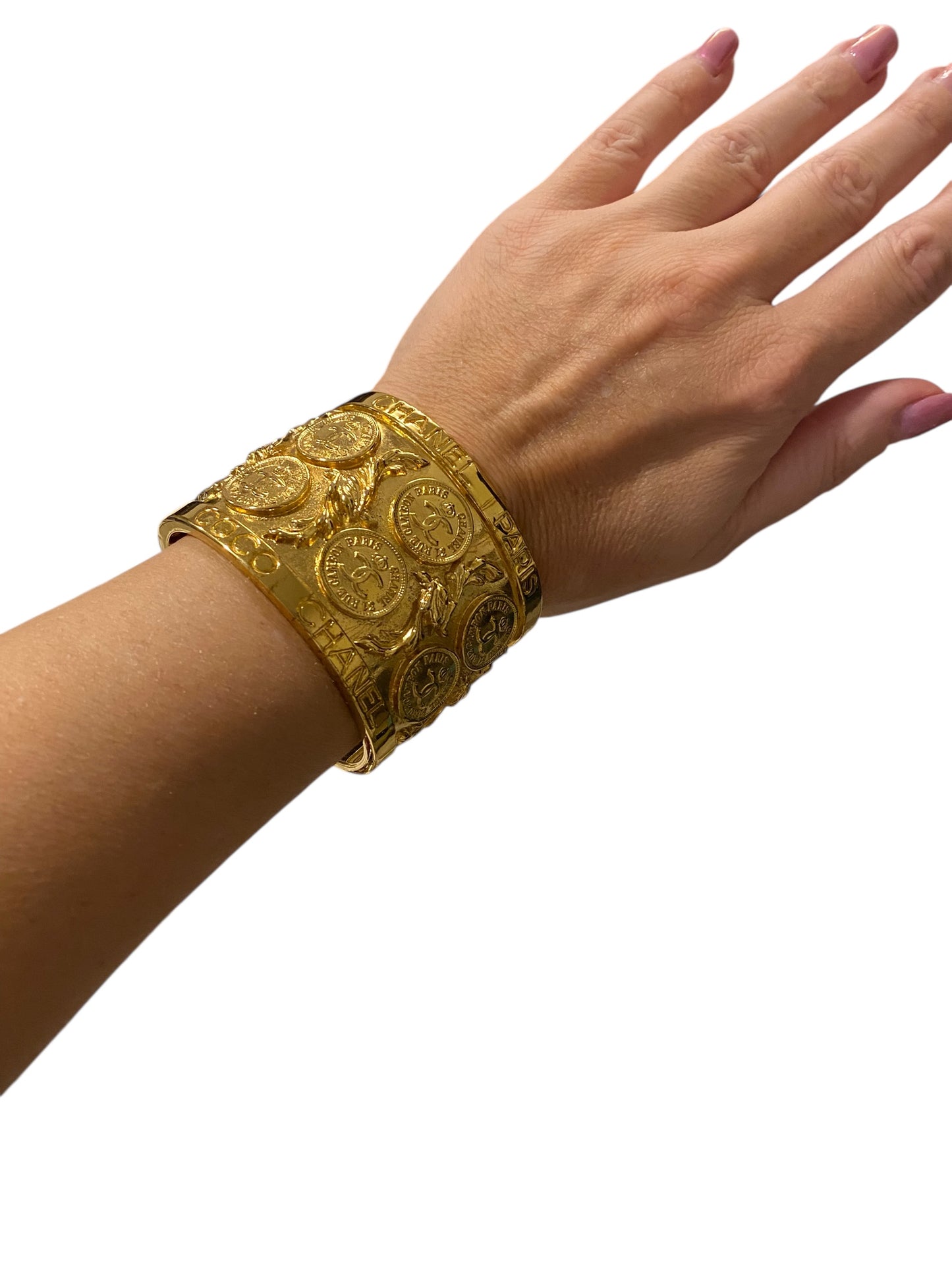 Vintage 1970’s Chanel 24K Gold Plated Metal Coin CC Logos Cuff Bangle Bracelet