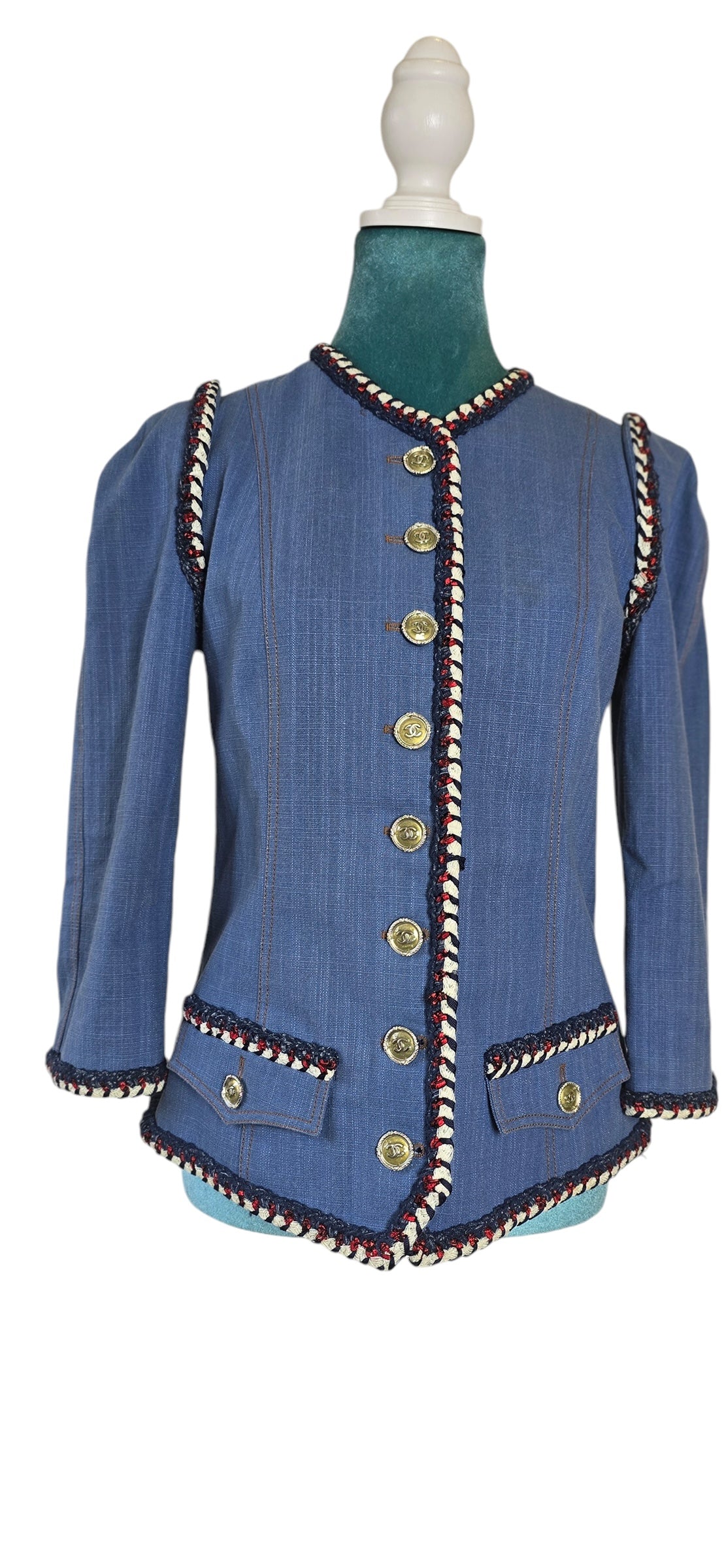 Chanel 13C Paris-Versailles Runway Denim Cotton Blue Braided Trim Jacket FR 38