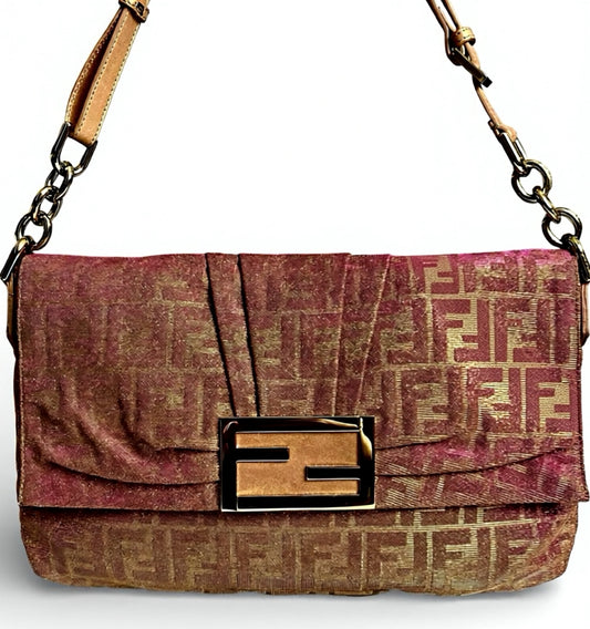 Limited Edition Fendi Zucca Baguette Metallic Pink Gold Iridescent Large Mia Bag