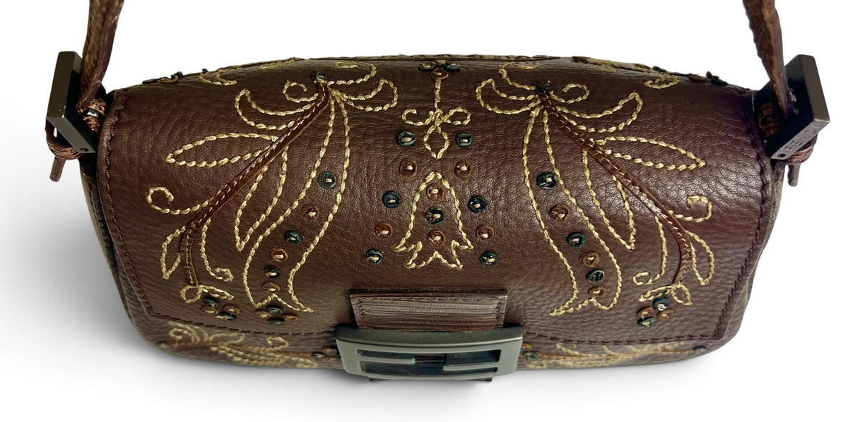 Fendi Limited Edition Dark Brown Leather Lizard Embroidered Mini Mamma Baguette Bag