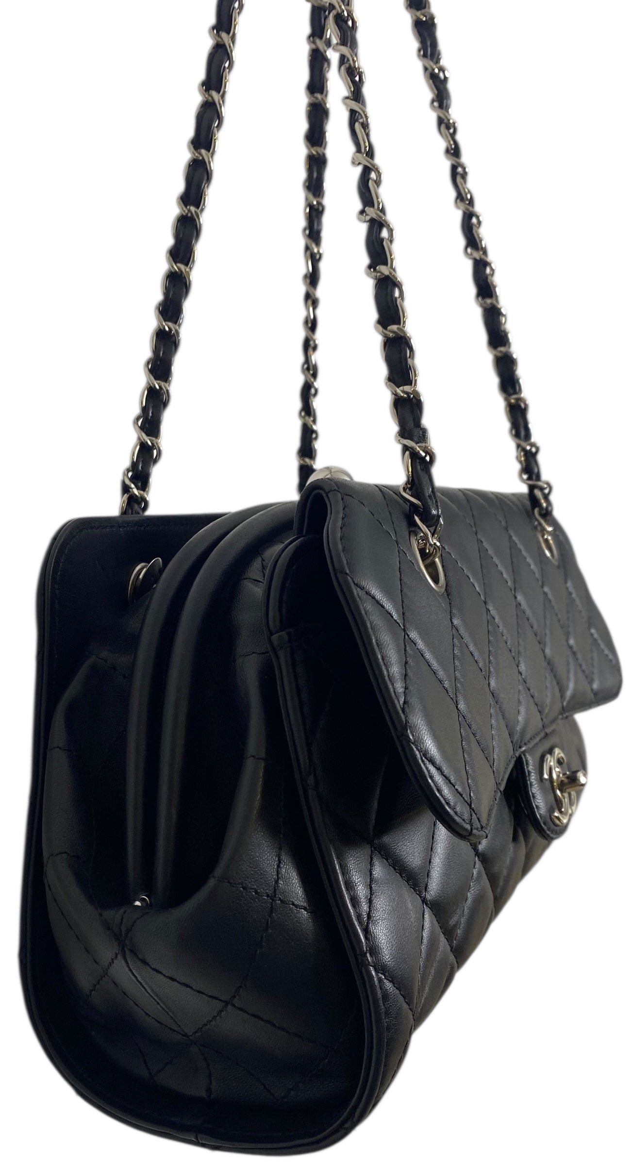 Chanel Classic Black CC Kisslock Lambskin Frame Compartment Bag