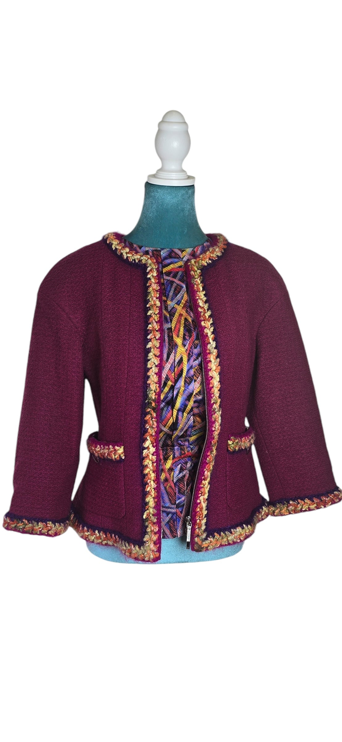 Chanel 14A Supermarket Collection Raspberry Jacket FR 38 and Multicolor Matching Silk Blouse SET FR 38