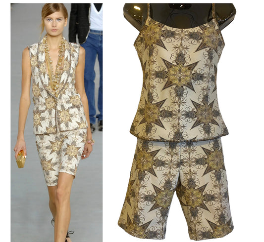 Rare Chanel 06P Ecru Gold Metallic Tank Top Camisole & Matching Shorts SET FR 38