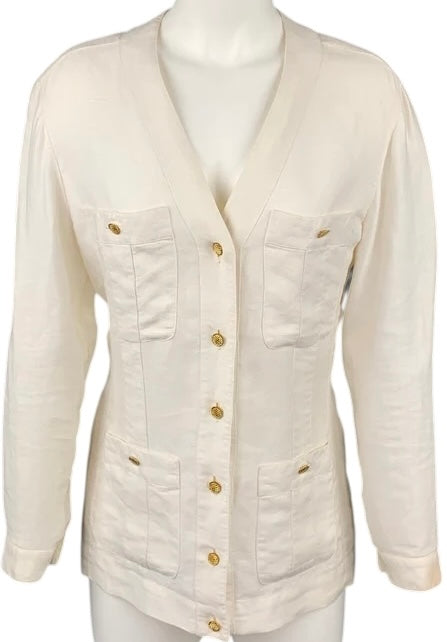Chanel Vintage 1980s 18 Button Cream Linen Patch Pocket Jacket FR 40/42