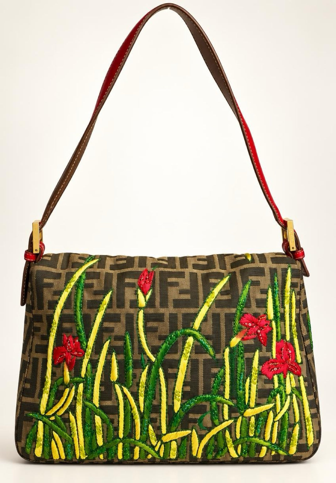 Vintage FENDI Garden Floral Embroidered Beaded Pony Hair Zucca FF Mamma Baguette Bag