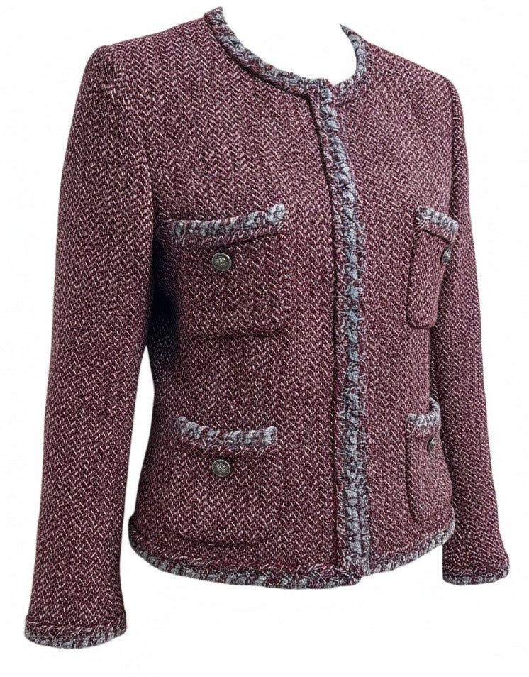 CHANEL 08A BURGUNDY GREY BRAIDED TRIM TWEED JACKET BLAZER FR 38