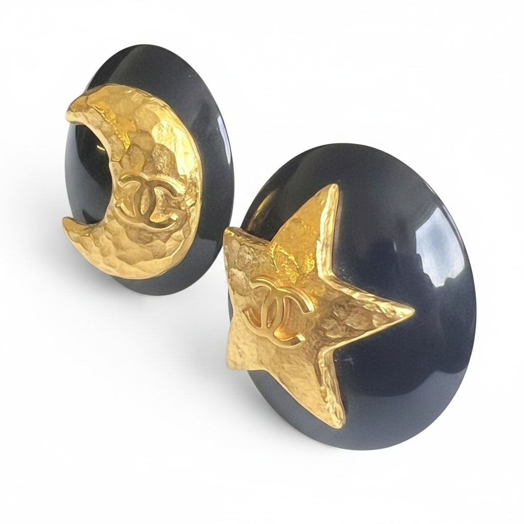 Rare Chanel 96P Vintage Large Resin Star & Moon Black 24K Gold Plated Clip-On Earrings