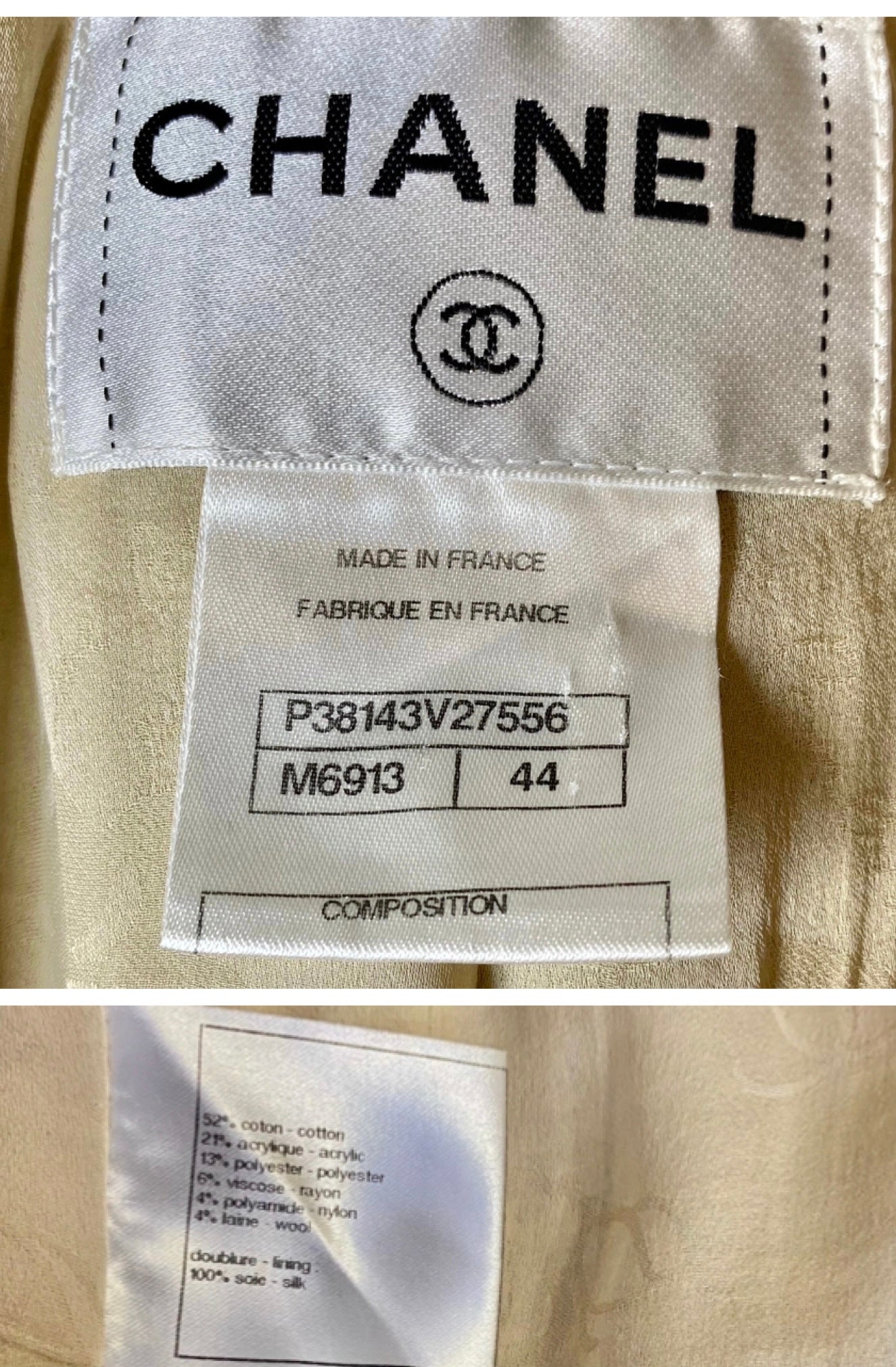 Chanel 10P Fantasy Tweed Beige Metallic Gold Jacket Skirt Suit Set FR 42/44