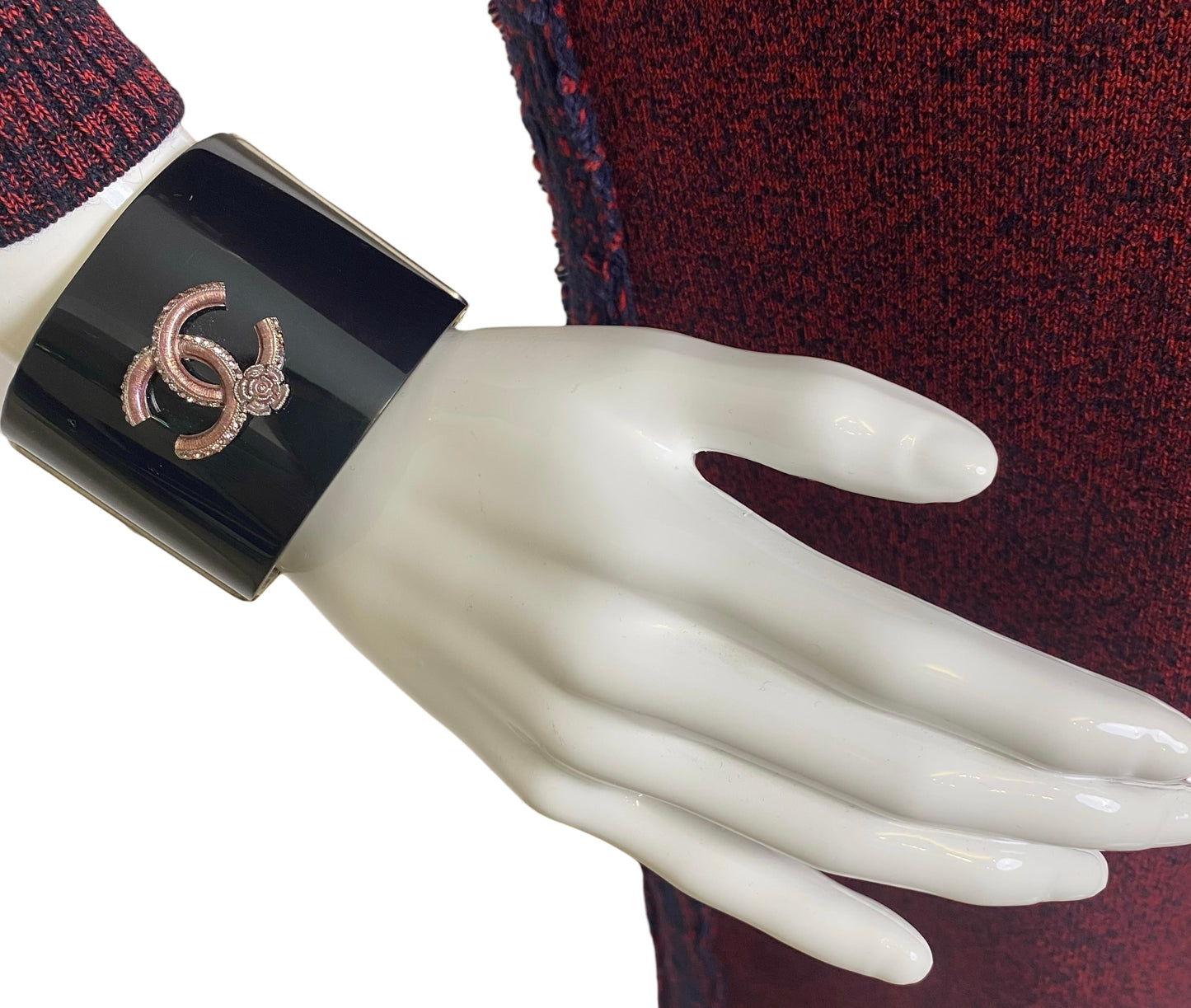 Rare Chanel 12P Black Pink Crystals Camellia Flower Double Sided CC Cuff Bracelet