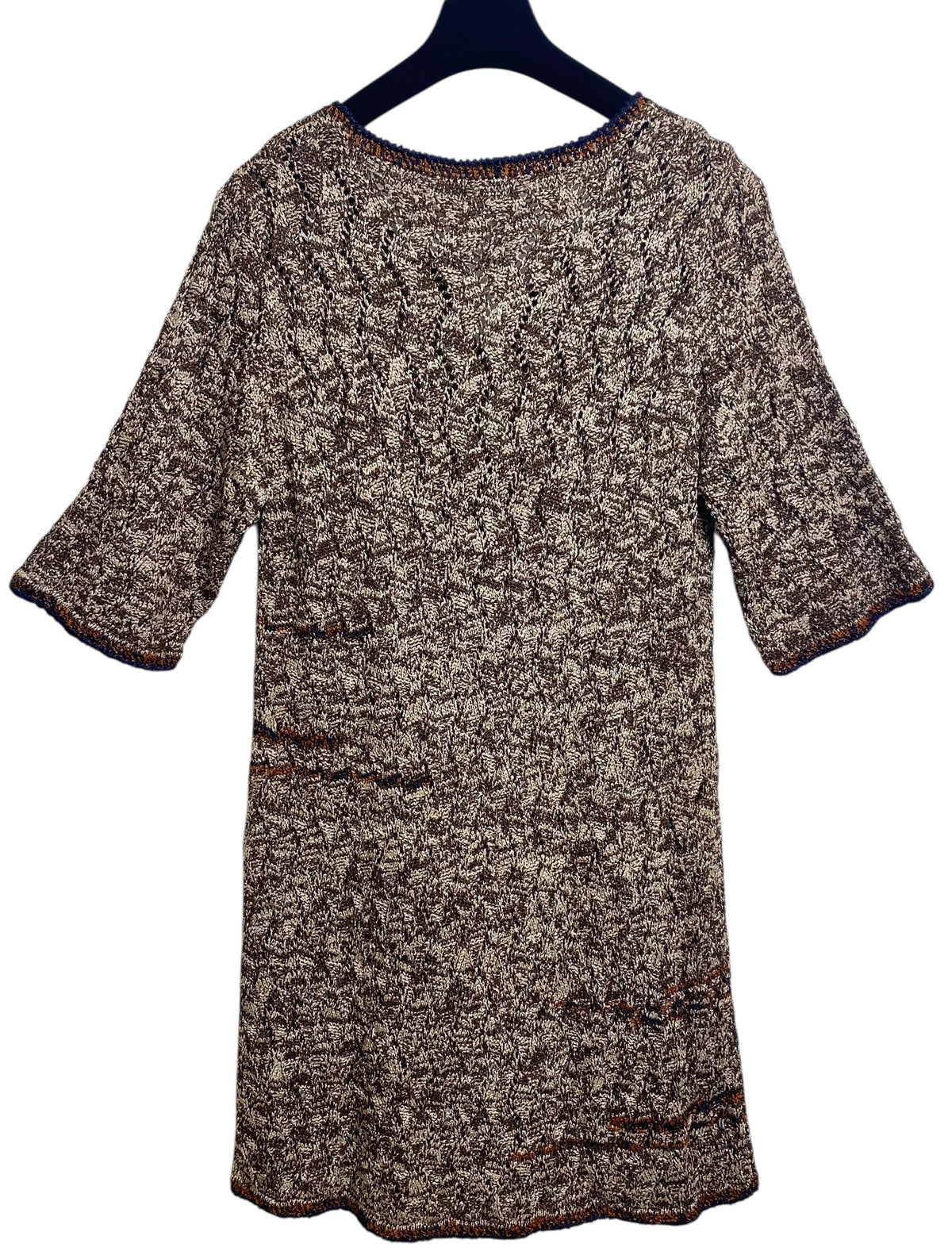 Chanel Brown Orange Navy CC Knit Crochet Dress FR 46