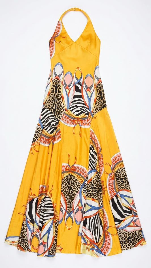 Vintage Roberto Cavalli 04 S/S Runway Yellow Orange Silk Maxi Gown Dress Size M