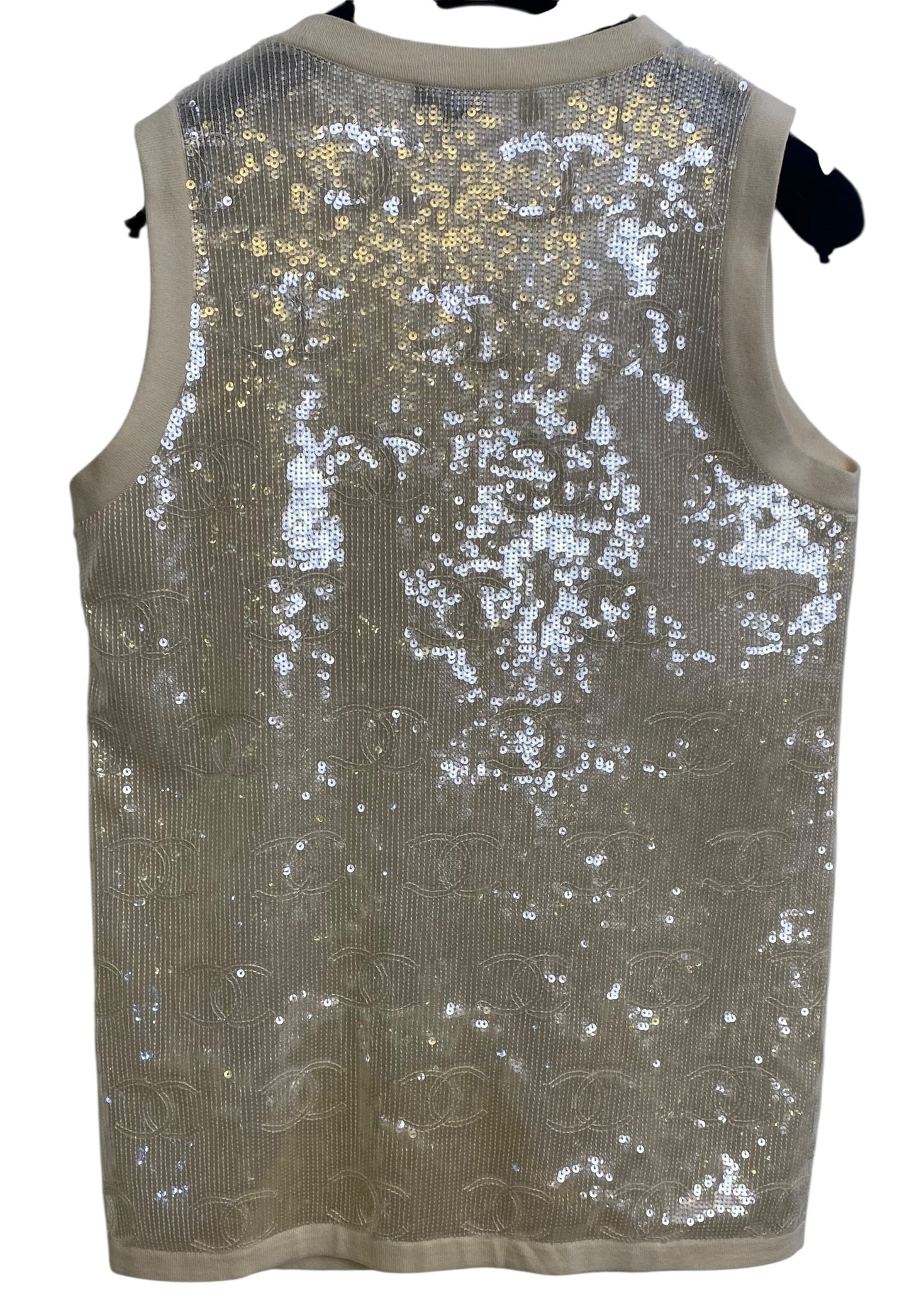 Rare Chanel 22S CC Sequin Cream Iridescent Vest Mini Dress Waistcoat Cardigan FR 40