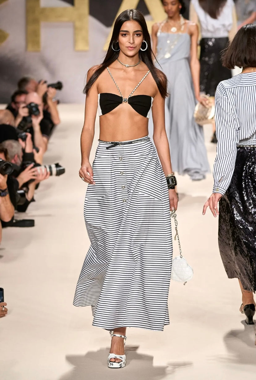 CHANEL 22S RUNWAY STRIPE MAXI SKIRT CC BUTTONS FR 36