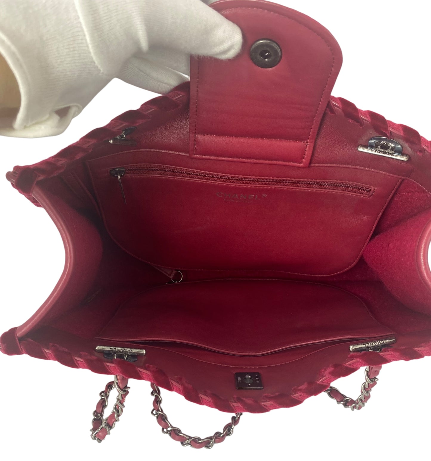 Chanel Medium Fancy Felt Raspberry Red Wool Shopping Tote Bag