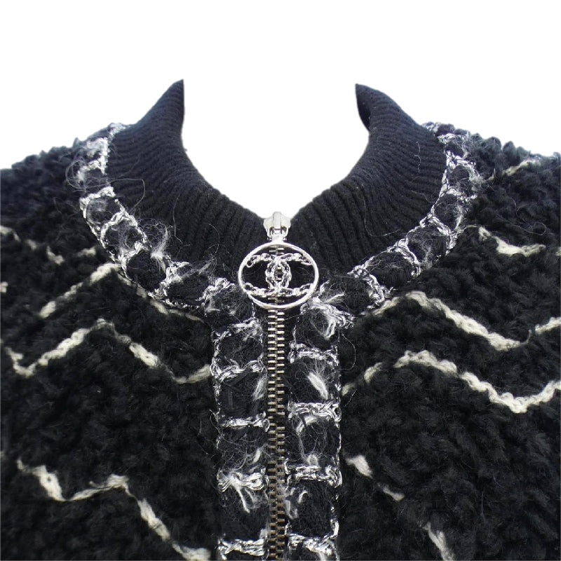 Chanel 19B Black Fuzzy Alpaca CC Zipper Bomber Jacket Coat FR 36