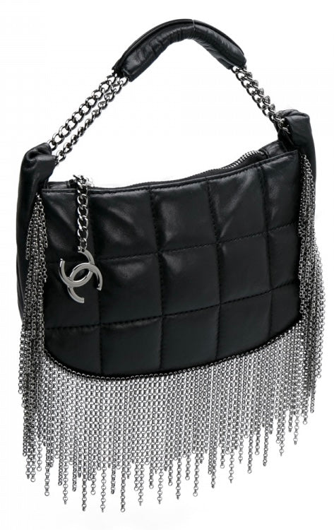 Rare Chanel 02A Mini Black Quilted Lambskin Silver CC Chain Fringe Bag