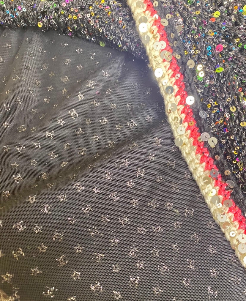 Chanel 24C Multicolor Black Pink White Knit Sequin Dress FR 40