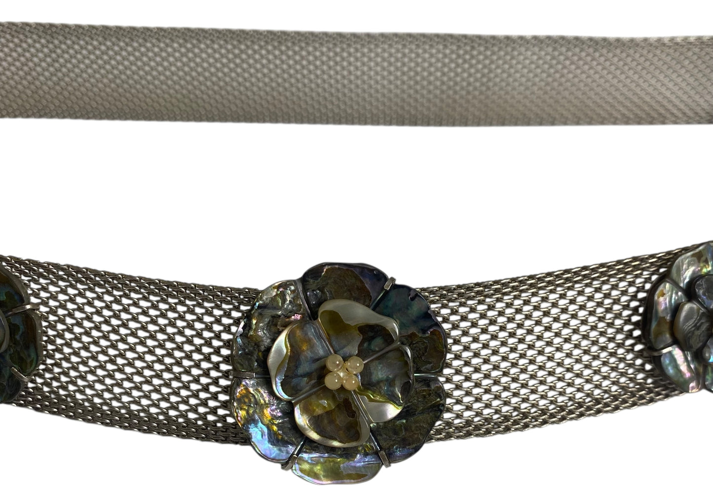 Chanel 98A Mother Of Pearl MOP 3 Camellia Silver Plated Metal Chain Belt