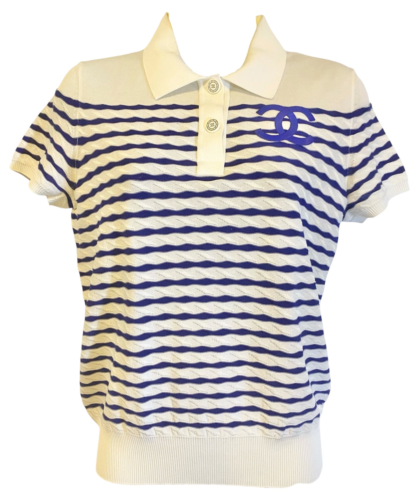 Chanel 19C La Pausa CC Wave Stripe Blue White Polo Shirt FR 36