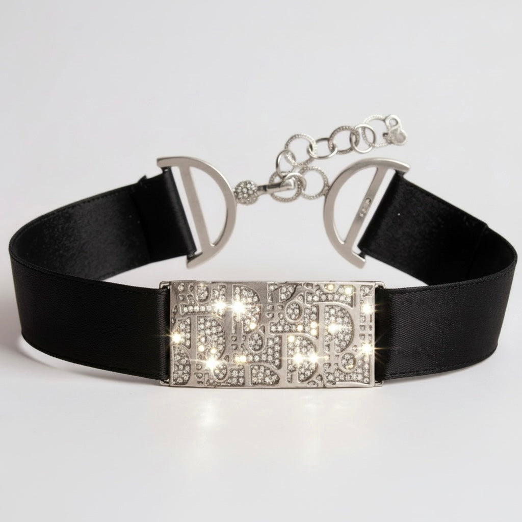 Rare Dior John Galliano Y2K Crystal Silver Metal Silk Trotter Choker Necklace