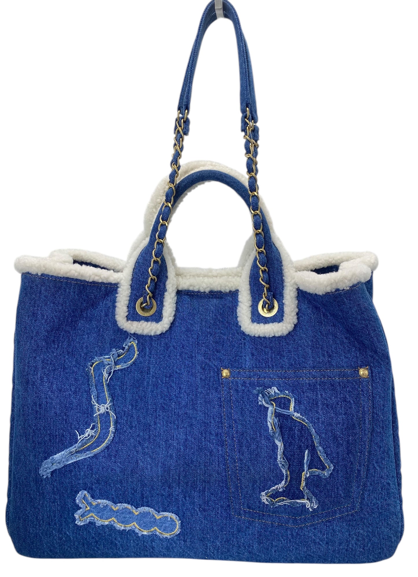Chanel 19A Paris-New York Egypt Blue Denim & Shearling Hieroglyph Coco Shopping Tote