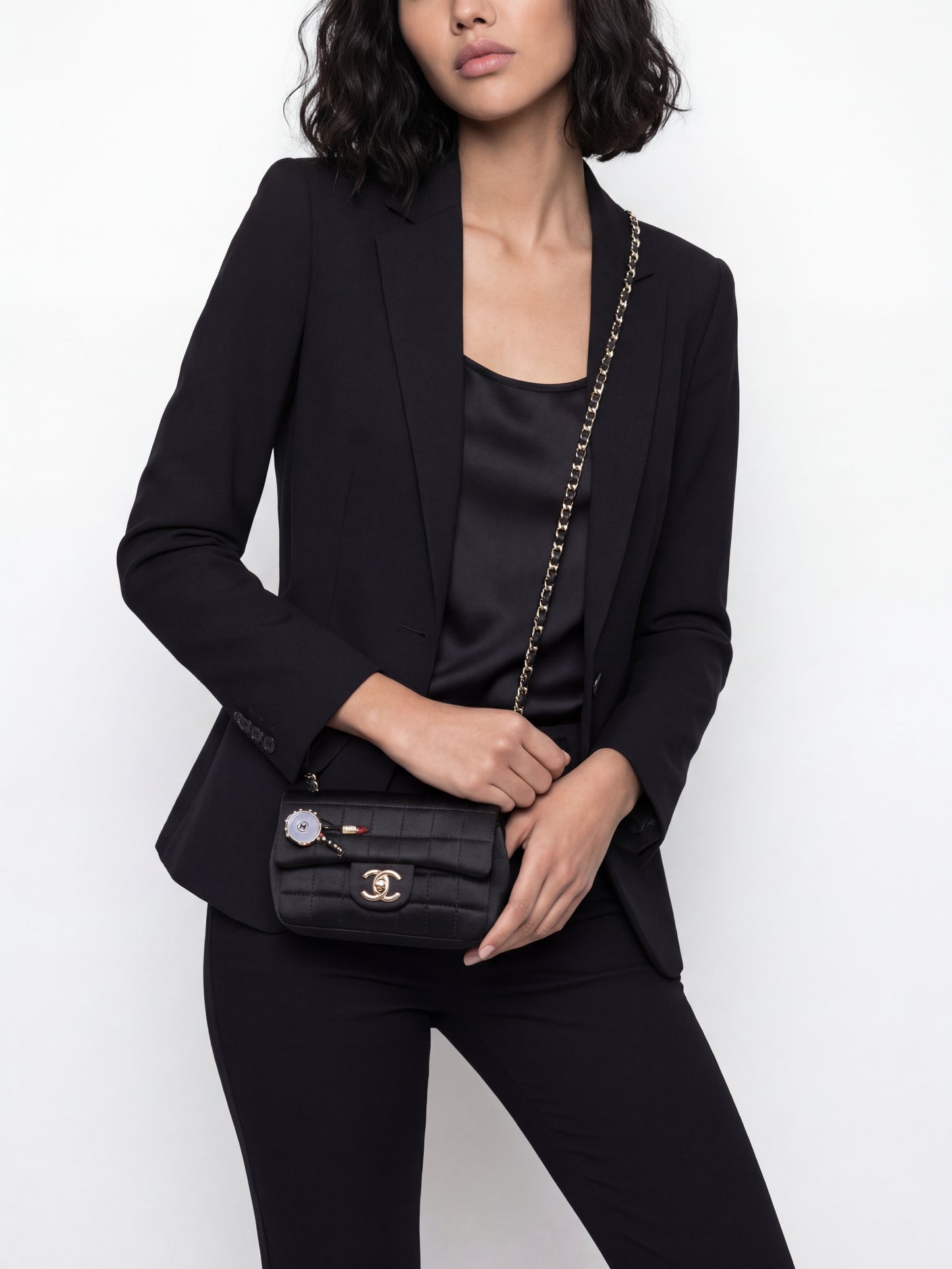 Chanel 04A Black Satin Mini Lipstick Mirror Charm Classic Flap Bag
