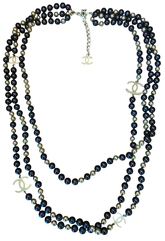 Chanel 16S Extra Long 3 Strand 4 CC Black Gold Mirror Beaded Necklace
