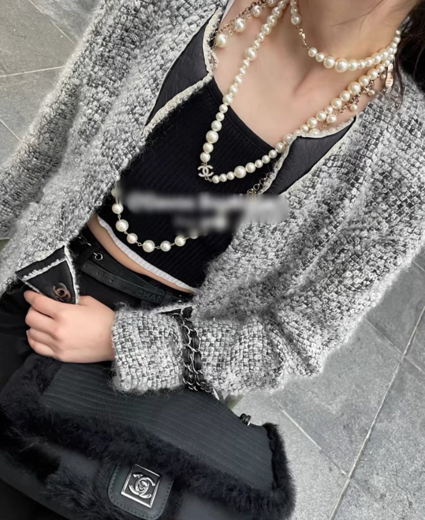 Chanel 10A Shanghai Shearling Tweed CC Grey Black Leather Trim Jacket Coat FR 36