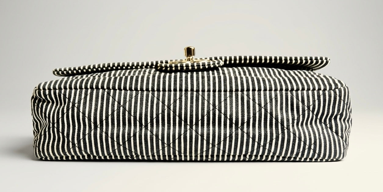 Chanel 08C Medium Black White Stripe Denim Canvas Classic Double Flap Bag