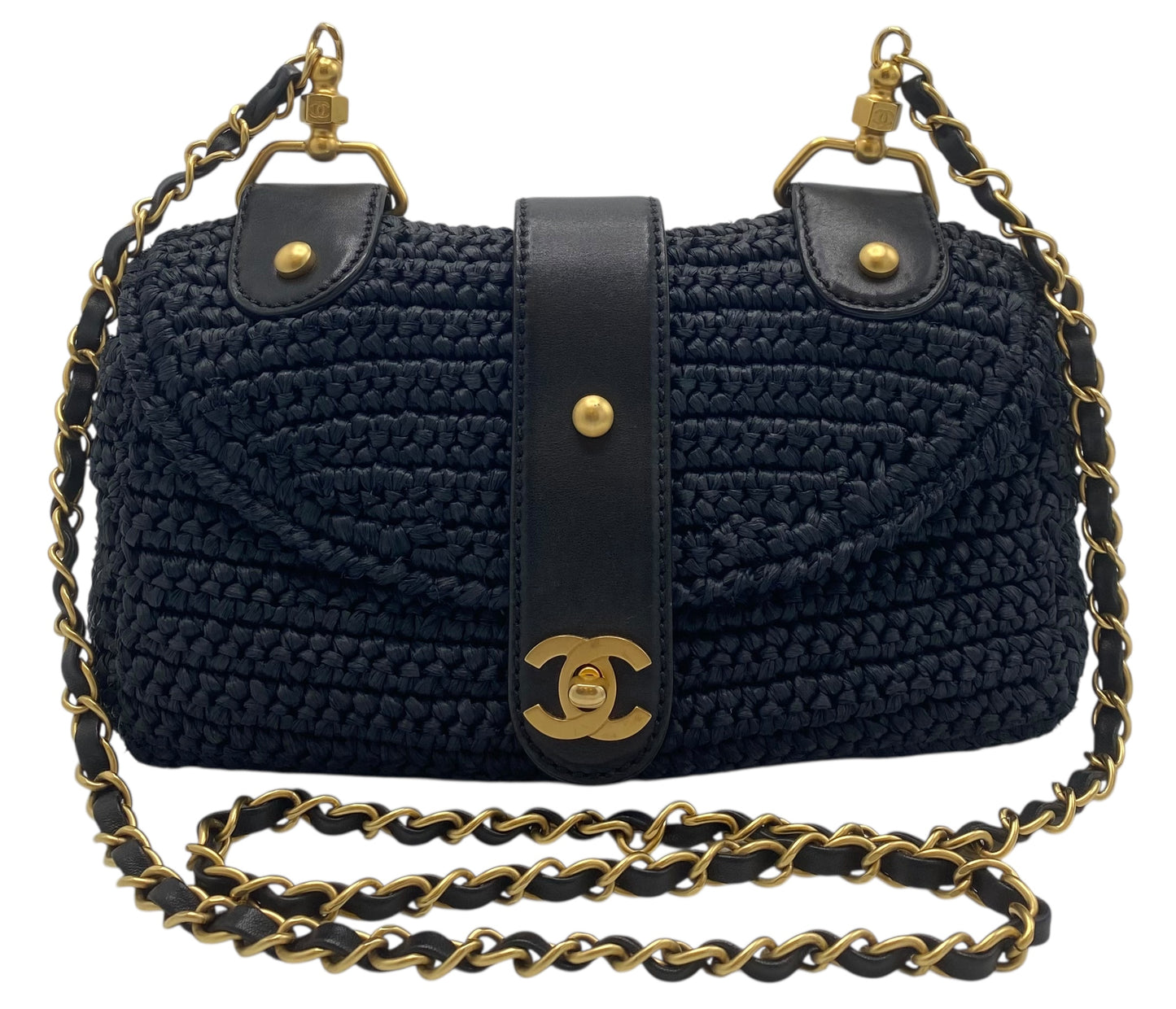Vintage Chanel Medium Dark Navy Straw Raffia Shoulder Bag GHW