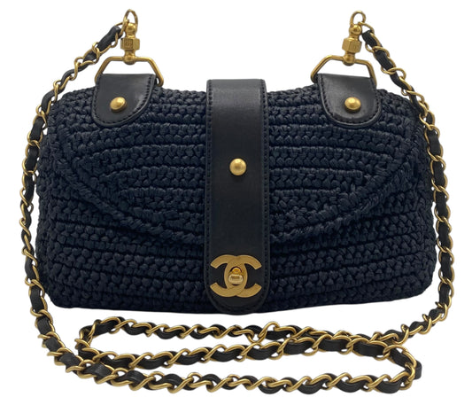 Vintage Chanel Medium Dark Navy Straw Raffia Shoulder Bag GHW