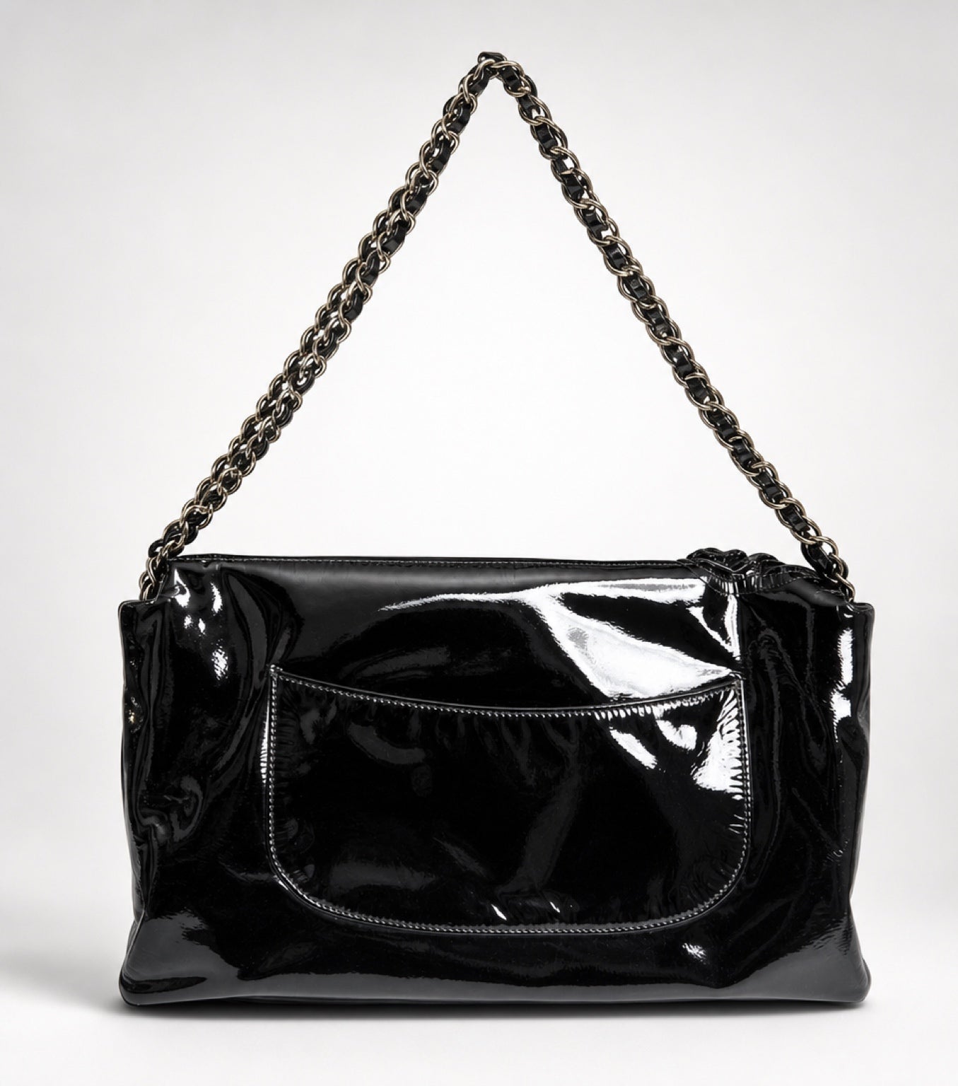 Chanel 10A Paris-Shanghai Jumbo Black Patent Leather Camellia Petals Accordion Flap Bag SHW