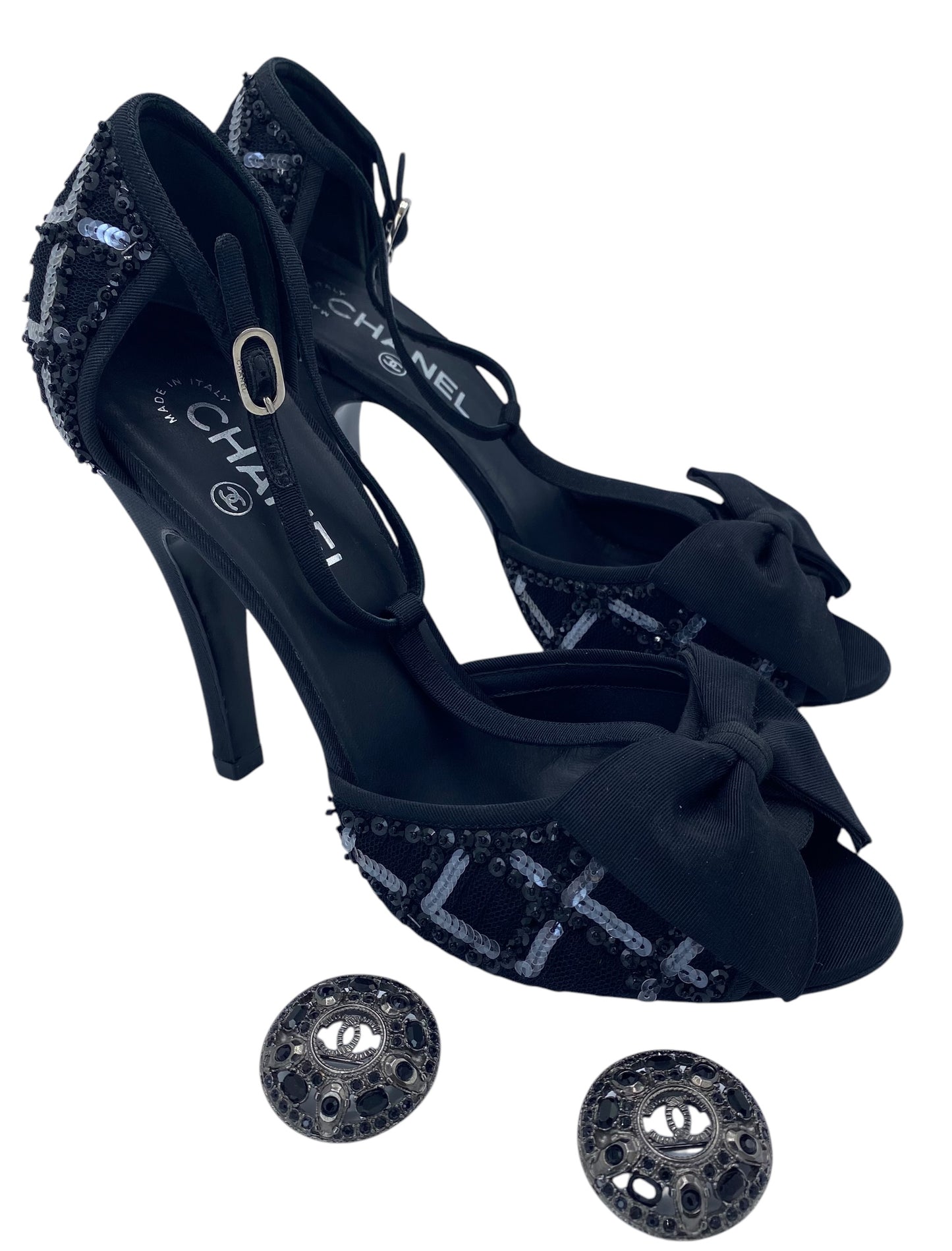 Chanel 09P Runway Black Sequin Bow CC Brooch Strap Heels Sandals EU 40