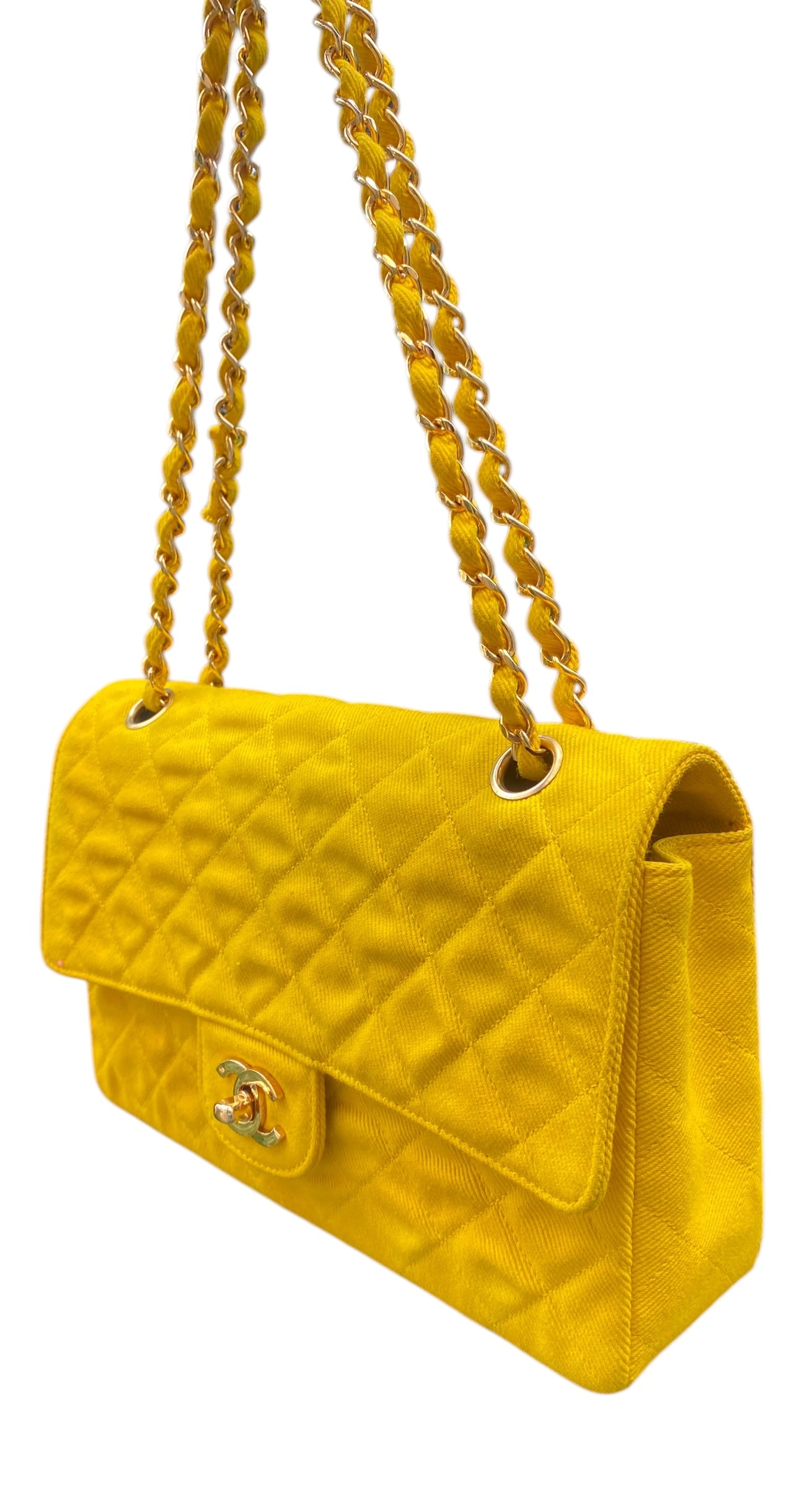 Vintage Chanel 90’s Yellow Denim Medium Classic Flap Bag 24K Gold Hardware