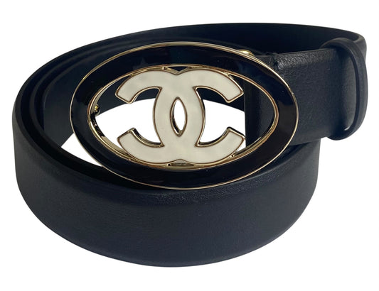 Chanel 24A Black White CC Enamel Lambskin Leather Belt Size 80/32