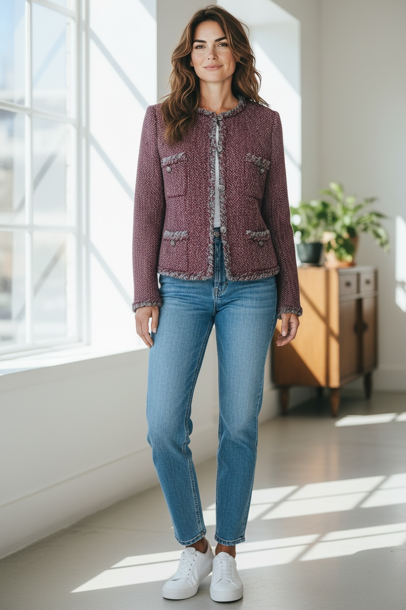 CHANEL 08A BURGUNDY GREY BRAIDED TRIM TWEED JACKET BLAZER FR 38