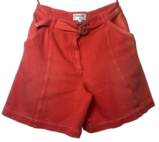 Chanel 2019 Coral Red Cotton CC Buckle Shorts FR 36